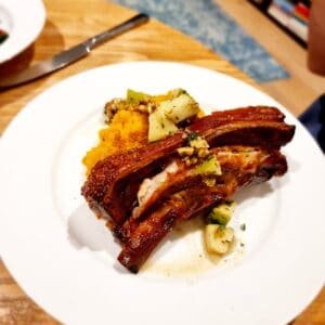 Roasted Pork Belly with Crushed Butternut Squash and Apple and Walnut Salsa